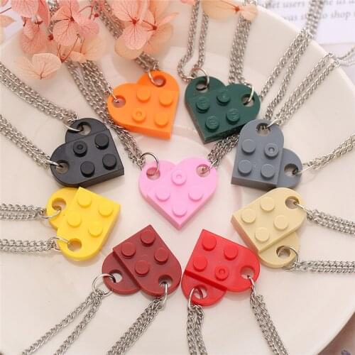2Pcs Cute Love Heart Brick Pendant Necklace for Couples Friendship Women Men Lego Elements Couple Valentines Gifts Punk Necklace