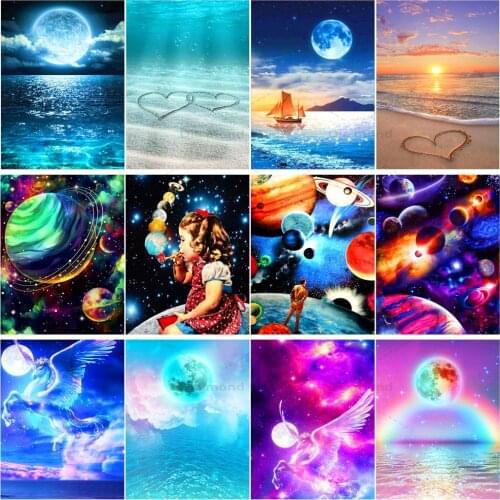 Full Square/Round Diamond 5D Diamond Painting Landscape Lake/Moon/Planet/Boat/Beach Diamond Embroidery Home Decoration