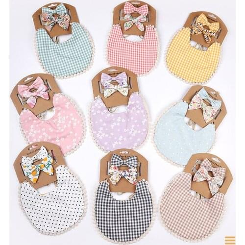 Cotton Printed Baby Headband Bibs Set Toddler Feeding Linen Saliva Towel Solid Waterproof Apron Children Lovely Accessories