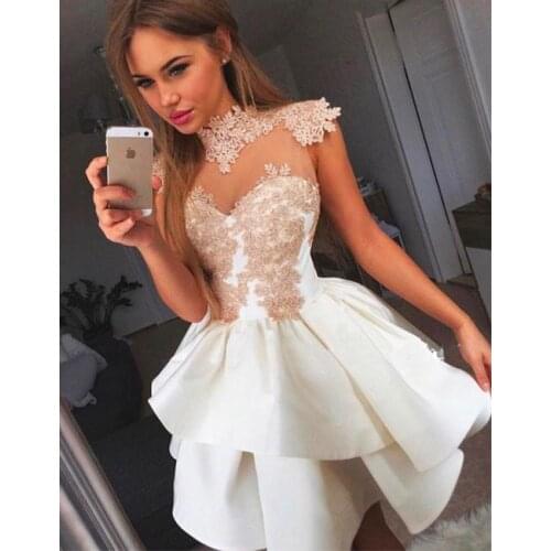 See Through Homecoming Dresses A-line High Collar Cap Sleeves Short Mini Lace Elegant Cocktail Dresses