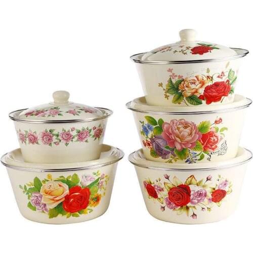 Retro nostalgic floral pattern soup bowl with lid seasoning jar with lid edging enamel wash bowl storage dish basin