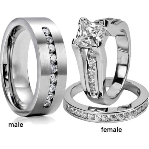 Romantic Zircon Couple Rings Stainless Steel Mens Ring And Simple Crystal Zircon Women Rings Set Wedding Ring