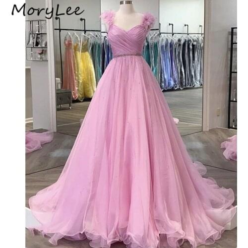 Pink Evening Dresses Sexy V-Neck A-Line Sweep Train Soft Tulle Evening Dresses With Zipper Back vestidos de fiesta de noche