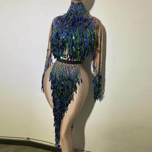 Silver Sequin Tassel Latin Dance Costume Stage Performance Women Sexy 2 pieces blue long sleeve Top and Skirt Nightclub Bar Pole