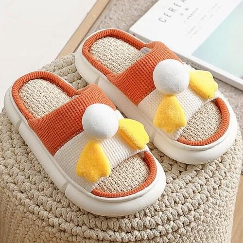 2021 Cute Cartoon Duck Slippers Women Thick Platform Slides Flax Home Indoor Men Shoes Outdoor Sandals Couple Cotton Flip Flops