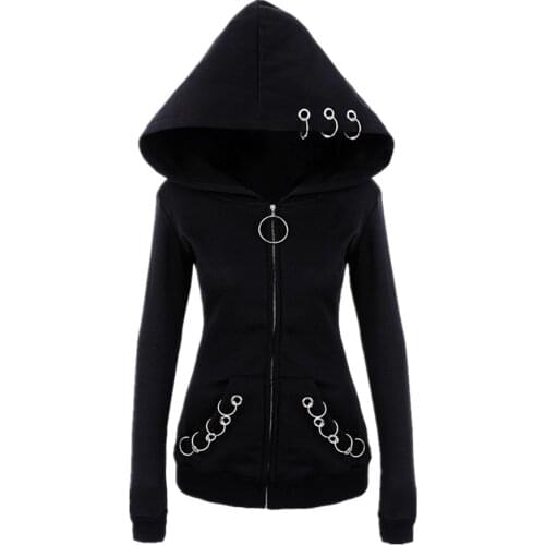 XUANSHOW 2019 Women Hoodies Gothic Punk Iron Ring Sweatshirts Autumn Winter Long Sleeve Zip-up Black Jacket Zipper Ladies Coat