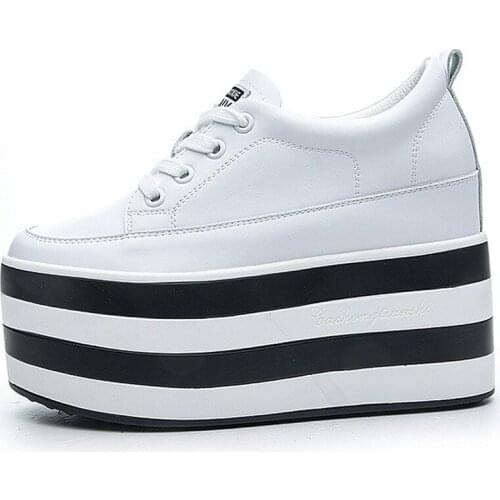 Womens Round Toe Platform Sneakers Lace Up Wedge High Hidden Heel Shoes Genuine Leather Black White Girls New 2021