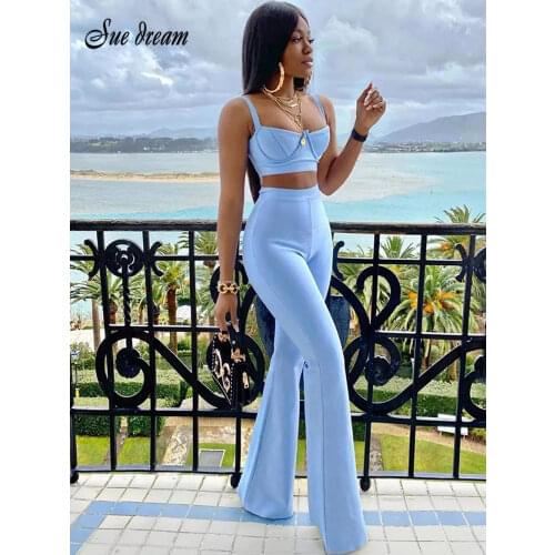 2021 Summer New Womens Fashion Sexy Bandage 2 Two-piece Set Sleeveless Tight Short Top & High Waist Flared Trousers Pants Set