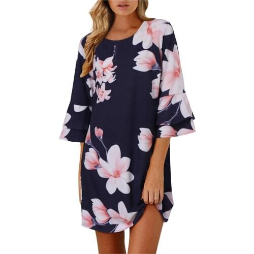 Womens Floral Print Bowknot Sleeves Cocktail Mini Dress Casual Party Dress Half Sleeve Blue Simple Dress Vestido De Mujer @40
