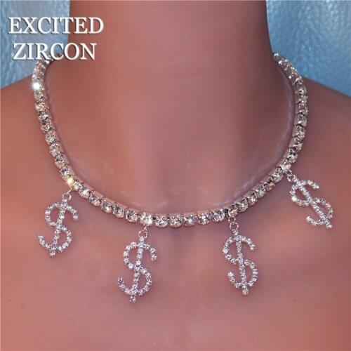 Excited Zircon Statement Dollar Sign Tennis Chain Necklace Choker for Women Crystal Rhinestone Pendant Necklace Chain Jewelry