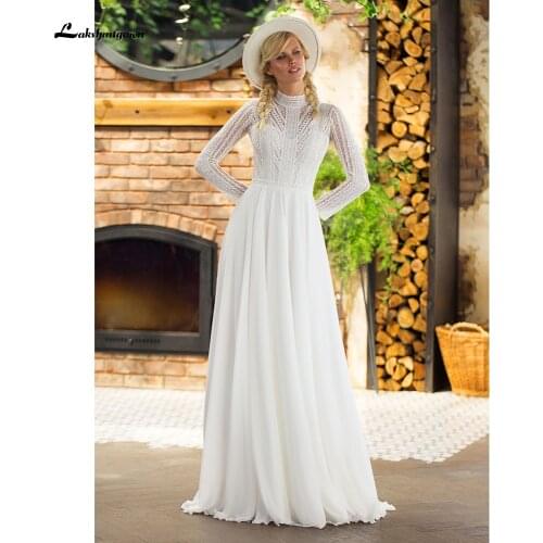 Long Sleeve High Neck Lace Chiffon A Line Wedding Dresses WIth Back Buttons Beach Elegant vestidos de novia bohemio verano 2021