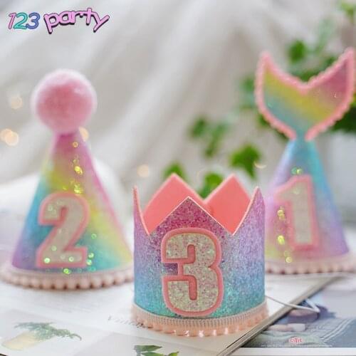 1pc Rainbow gradient mermaid birthday hat girl baby birthday party decoration hat baby shower party supplies Princess Crown hat