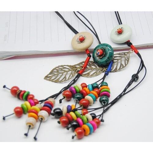 12 Pieces/Lot Ceramic Beads Strand Leaf Long Necklace Charm Bead Choker Jewelry Women Ethnic Necklaces Sweater Chain Accessory