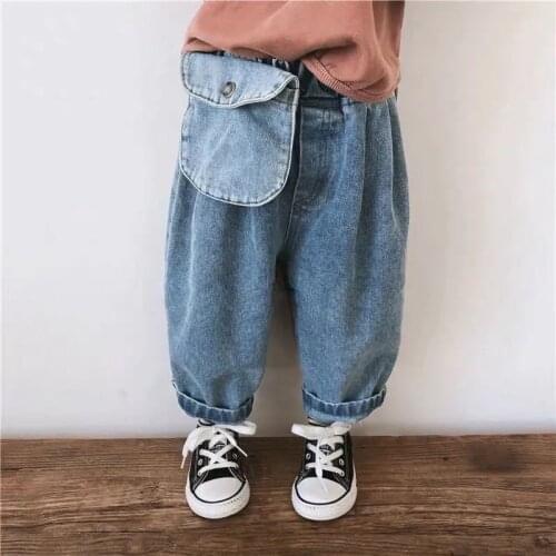 2021 spring autumn boys girls pocket loose denim pants 1-6 years toddler kids casual all-match jeans