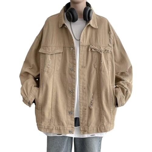 21 spring mens denim Korean fashion hole versatile tooling high class Street blasting jacket