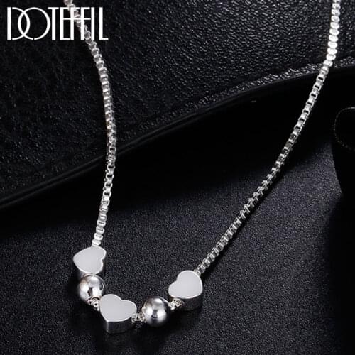 DOTEFFIL 925 Sterling Silver 18 Inch Smooth Beads Love Heart Pendant Box Chain Necklace For Women Fashion Wedding Charm Jewelry