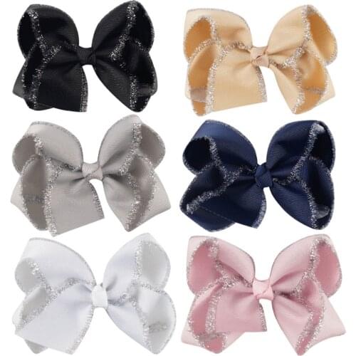 Ncmama 1PC 4 Inch Girls Headwear Glitter Solid Grosgrain Ribbon Hairbows with Clip Handmade Boutique Hair Grips For Kids