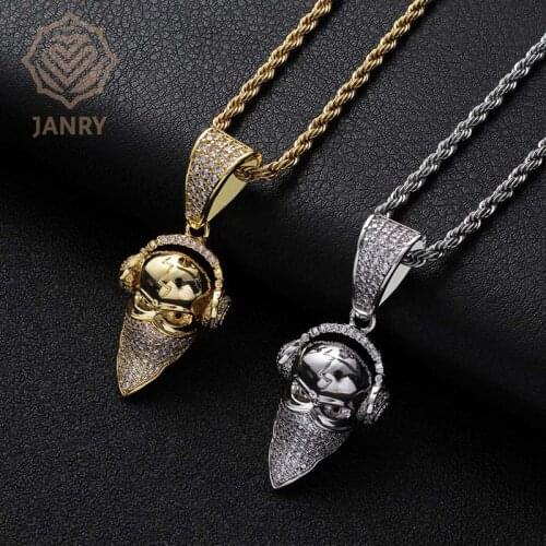 JANRY LHeadphones With Masked Cool Person Avatar Pendant Necklace Hip Hop Zircon Gold Silver Color Necklace With 60cm Chain