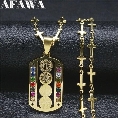Catholicism Cross Jesus Stainless Steel Crystal Charm Necklaces Women/Men Gold Color Necklaces Jewelry collar dorado N4909S02