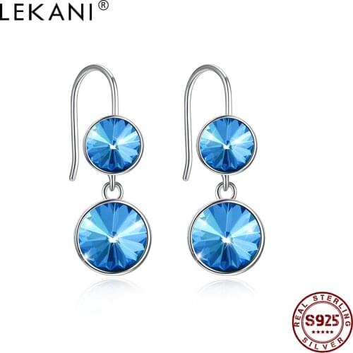 LEKANI Women Earrings 925 Sterling Silver Round Blue Austria Crystal Drop Earring Fine Jewelry Romantic Valentines Day Gift