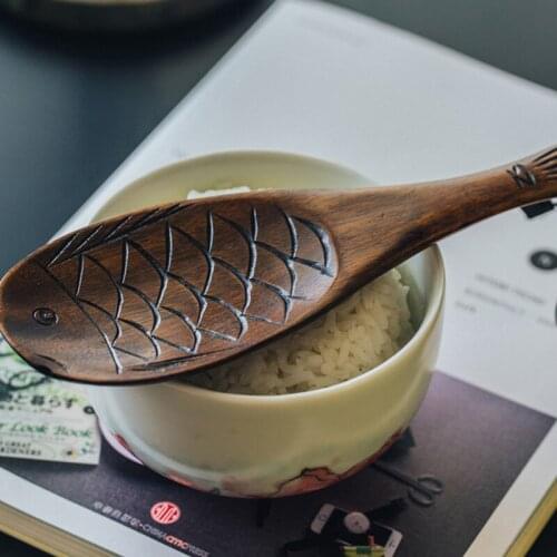 Japanese-style rice shovel nanmu rice spoon 20*6.8 Hand carved spoon Chinese tableware Fish-shaped spoon tail with tag