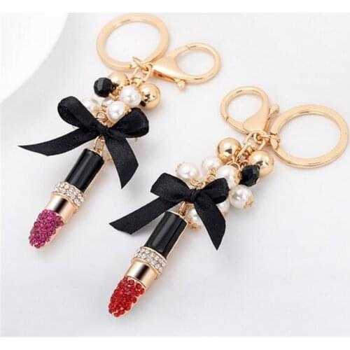 Fashion Personality Elegant Rhinestone Lipstick Car Keychain Female Bag Holder Pendant Metal Keychain Ring Friend Gift