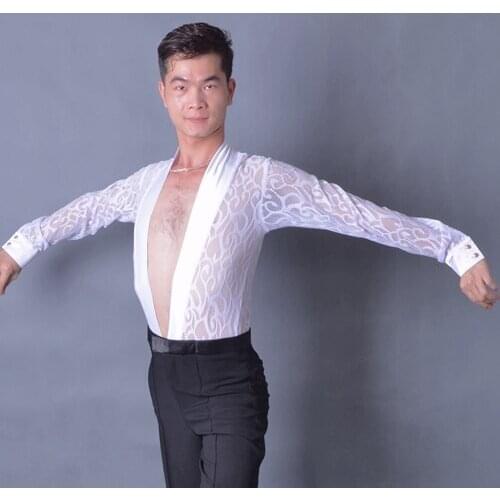 Latin dance deep V collar lace hollow long sleeve men Latin shirt MS13006
