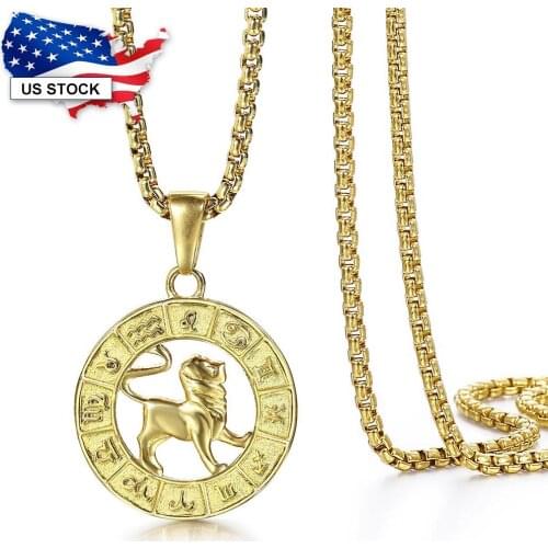 12 Zodiac Sign Constellation Pendant Necklace For Women Gold Color Stainless Steel Round Shaped Womens Necklaces Pendants LKP655