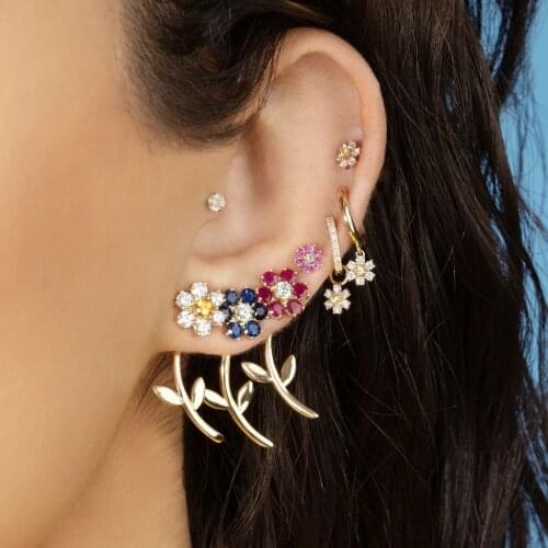 Multicolor Rhinestone Plant Flower Stud Earrings for Women Charm Long Leafs Gold Earrings Statement Party Jewelry