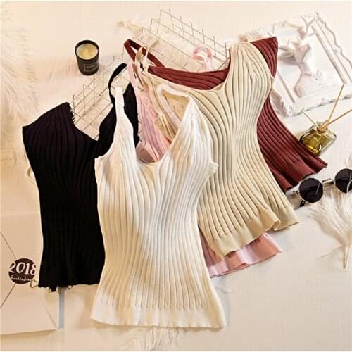Women Cotton Tops Solid Color V-neck Female Knitted Short Slim Sleeveless Vest Tank Casual Versatile Tops Bottoming Shirt