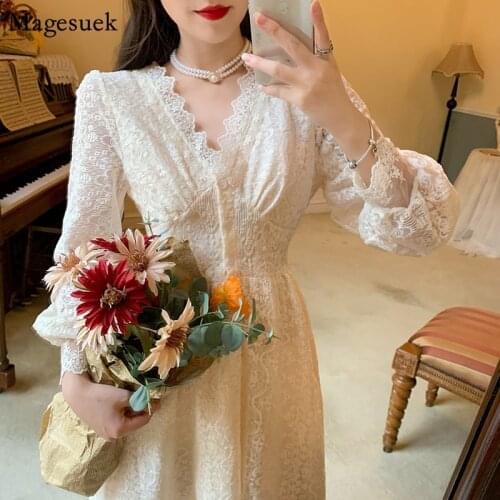 Vintage Puff Sleeve Lace Dress Women Elegant V-neck Crochet Floral Female Dress A-line Midi Spring Summer Dresses Vestidos 12758