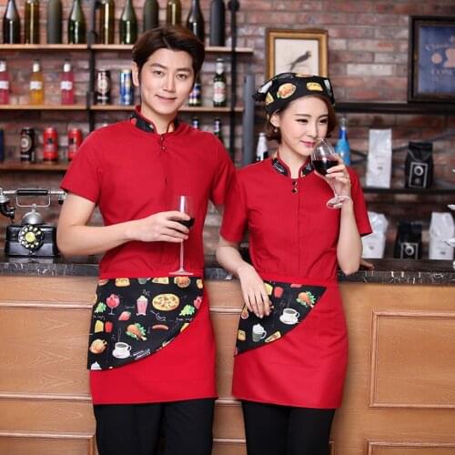 Women Summer Waitress Uniform Bar Restaurant Cafe Hotel Short-sleeved Overalls Tea House Catering Men Waiter Work Wear H2249