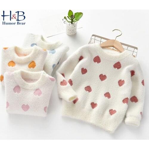 Humor Bear Girls Knitted Sweater Winter Autumn Long Sleeve Warm Soft Round-Collar Heart Pattern Printed Kids Top
