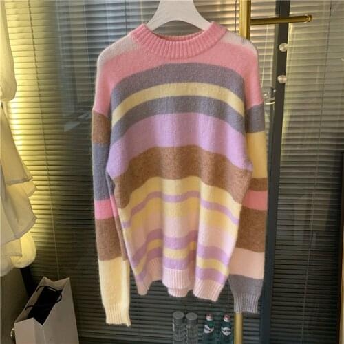 Early Autumn Womens Sweater Rainbow Striped Loose O-neck Casual Early Autumn Ladies Knit Top