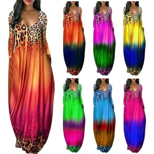 2021 New Autumn Long Sleeve Dress Women Fashion Leopard Printed Long Dress Sexy V-Neck Gradient Loose Maxi Dress Lady Vestidos