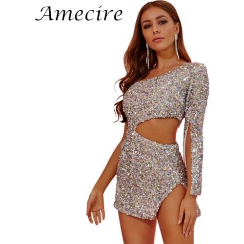 Amecire One-shoulder Slit Sleeves Crystal Women Dresses Hollow Out Sexy Celebrity Wear Club Party Outfit Ladies Rave Min Dress