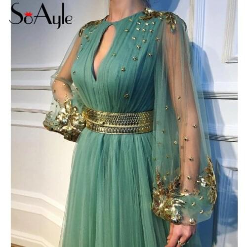 SoAyle A-Line Long Sleeves Star Gold belt Prom Dresses Vestidos De Baile Vestido Longo Ballkleider Evening Dresses
