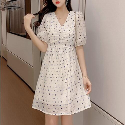 2021 Summer Casual Dresses Lantern Sleeve Dress New Fashion Print Dress Women Short Sleeve Sweet Knee Length V-neck Robe 14087