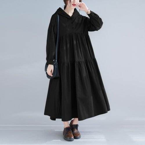 Johnature New Casual Hooded Collar Women Dresses 2021 Spring Autumn Loose Solid Coloor Female Dress