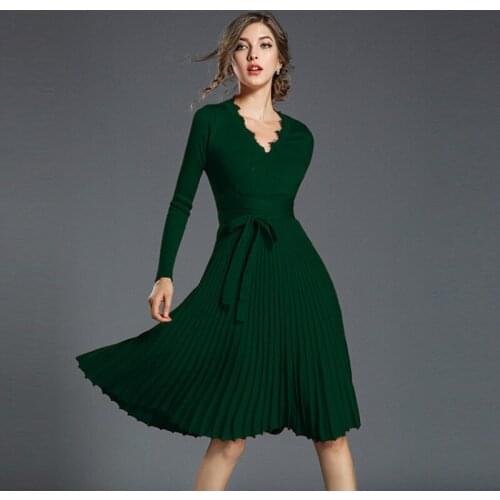 2019 Autumn New Pattern European Self-cultivation Thin Long Sleeve Fashion Temperament Long Paragraph Fold Dress