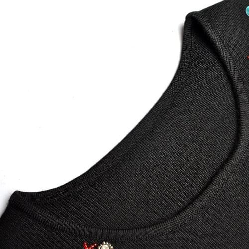 Knitted Dress Women Quality Vintage Runway Designer O-Neck Short Sleeve Beading Flower High Elastic Bodycon Tight Dresses