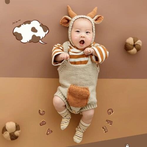 2021 100 Days Baby Knitted Cow Ears Hat Romper Set Newborn Photography Props Cap Jumpsuit Kit Infants Photo Shooting Clothing