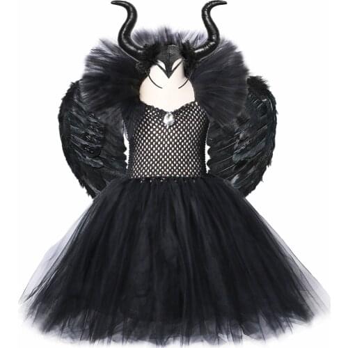 Black Tutu Dress Girls Halloween Costume for Kids Dark Queen Witch Cosplay Clothes Children Fancy Tulle Dress with Horns Wings