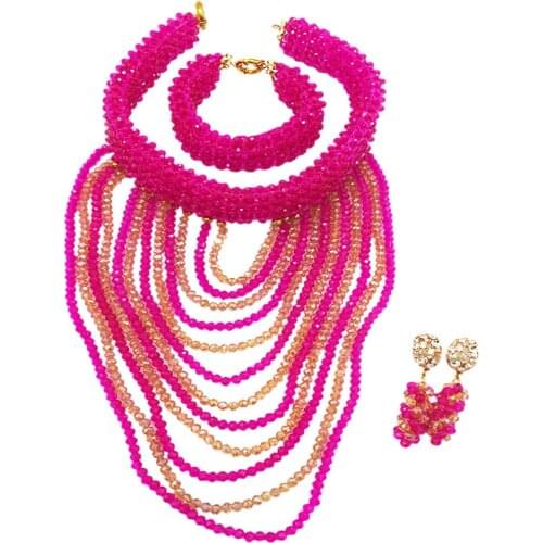 Fuchsia Pink Costume Crystal Beaded Necklace Earrings Nigerian Wedding African Beads Jewelry Set for Women Party Gift DDK003