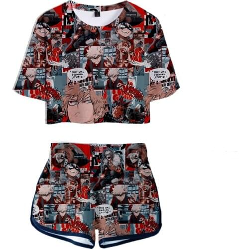 Crop Short Suit My Hero Academia Sweet Character Cosplay T-shirt Pants Two Piece Set Women Tracksuit Outfit Summer Cute Matching