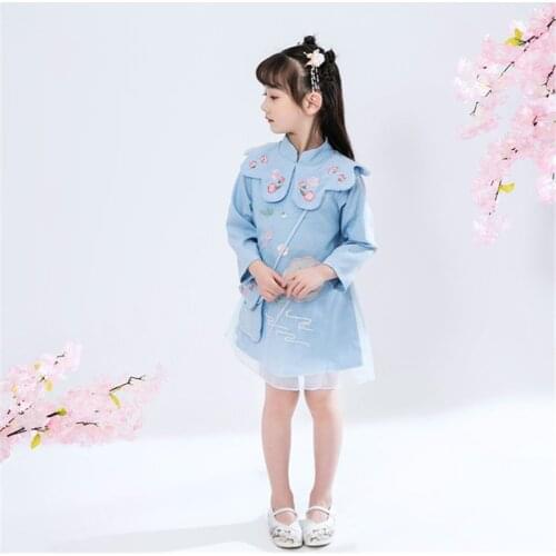 Little girl costume spring and summer new childrens Hanfu ancient style dance Tang suit girl long-sleeved sweet blue dress