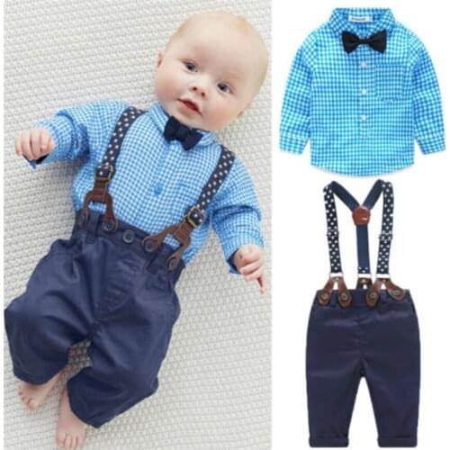 2020 Newborn Baby Boy Gentleman Suit Toddler Long Sleeve Blue Plaids Shirt+Suspender Pants Overalls Clothes 2PCS Outfits Set