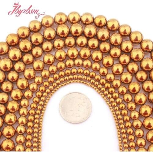 Hematite Beads Round Smooth Gold Hematite Natural Stone 2.4.6.8.10mm for DIY Accessories Necklace Bracelets Jewelry Making 15"