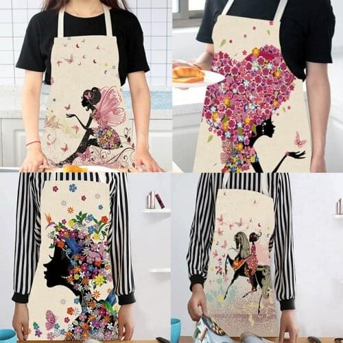 Easy Cleaning Flower Butterflies Girl Printed 68x49cm/49x40cm Women Aprons Kitchen Restaurant Supplies Cotton Linen Waist Bib