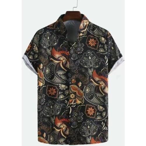 Fashion Shirts For Mens Ethnic Style Flower Printed Beach Blouse Tops Casual Breathable Lapel Short Sleeve Hawaiian Shirt
